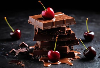 A tower of chocolate pieces with a cherry on top, surrounded by melted chocolate on a black background