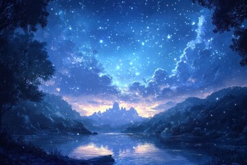 Fototapeta premium A tranquil scene of a mountain range reflecting in a still lake under a sky filled with stars.