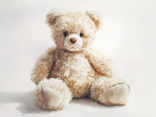 Obraz premium Soft and fluffy teddy bear illustration sitting against a white background with gentle expression and subtle shadows