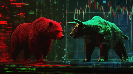 A red bear and a green bull face each other against a background of a stock market graph.