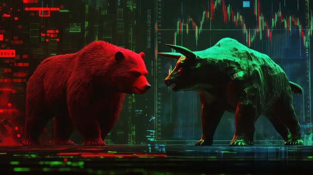 A red bear and a green bull face each other against a background of a stock market graph.