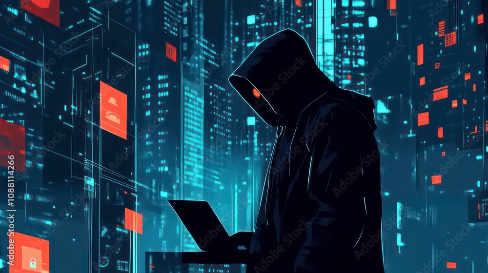 Poster in a digital underworld, a hooded hacker navigates a dark interface. spy anonymity, fraud security, 