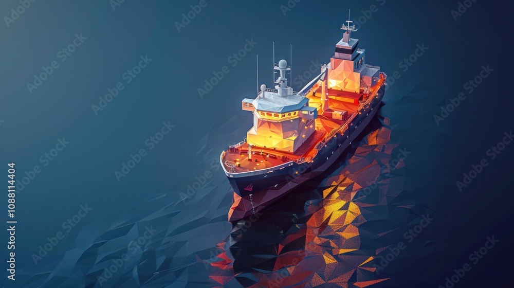 Poster here's a description of the image following your specifications.. low-poly cargo ship at night, sail