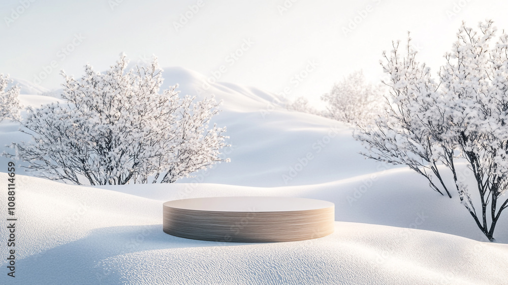 Poster snowy landscape mockup with a circular display platform surrounded by white trees