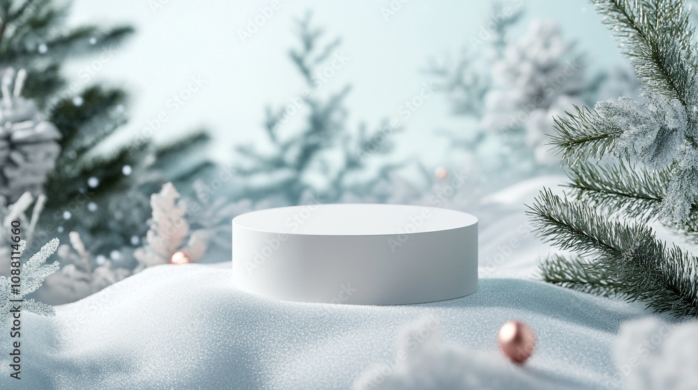 Poster stylish mockup display in winter wonderland setting with snow and evergreen branches