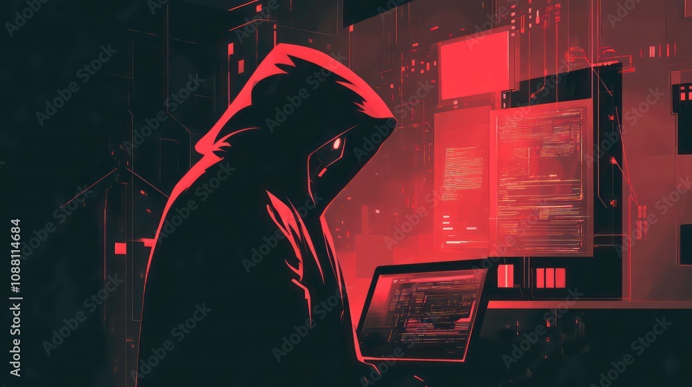 Poster a hooded figure sits in front of a computer screen, illuminated by the red glow of a digital world, 