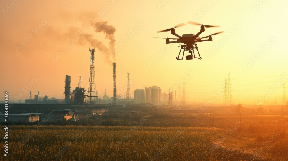 Poster A futuristic AI-driven autonomous drone for real-time environmental monitoring, clean landscape with drones equipped for tracking air quality and pollution levels, Environmental Monitoring style