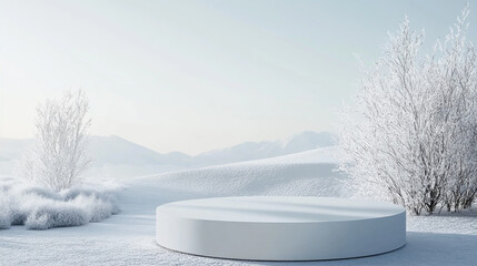 Fototapeta premium Minimalist mockup of a circular stage in a snowy winter landscape with distant mountains