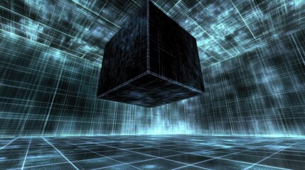 Obraz premium Abstract Digital Background Featuring a Floating Cube with a High-Tech Matrix Environment, Evoking a Sense of Futuristic Technology and Innovation Concepts