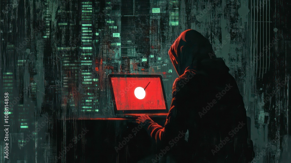 Canvas Prints a hooded figure sits at a laptop in front of a city skyline, working on a hacking project.