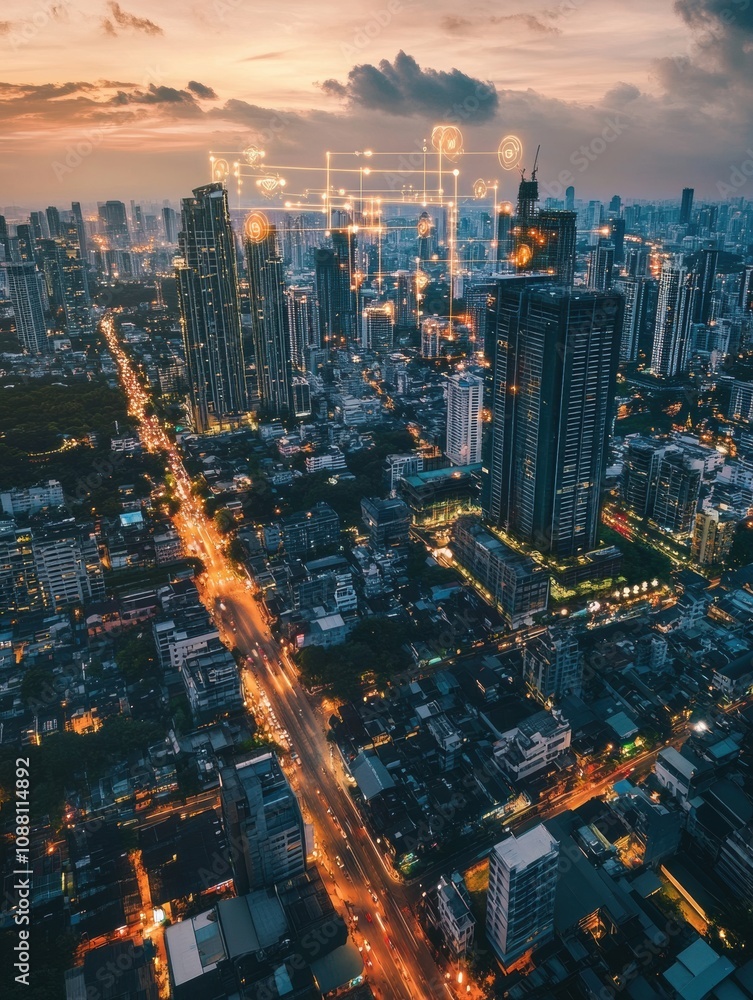 Poster this smart city showcases buildings connected through an ai network, glowing warmly as twilight sets