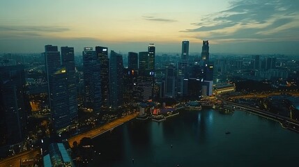 Fototapeta premium Singapore. September 12, 2022: Aerial view of Singapore cityscape with Singapore Flyer and Marina Bay Sands Hotel at dusk time 