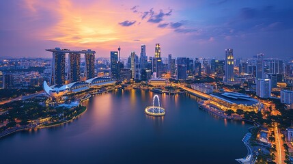 Fototapeta premium Singapore. September 12, 2022: Aerial view of Singapore cityscape with Singapore Flyer and Marina Bay Sands Hotel at dusk time 