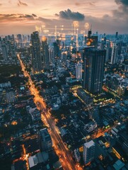 Obraz premium This smart city showcases buildings connected through an AI network, glowing warmly as twilight sets in, highlighting urban innovation. Generative AI