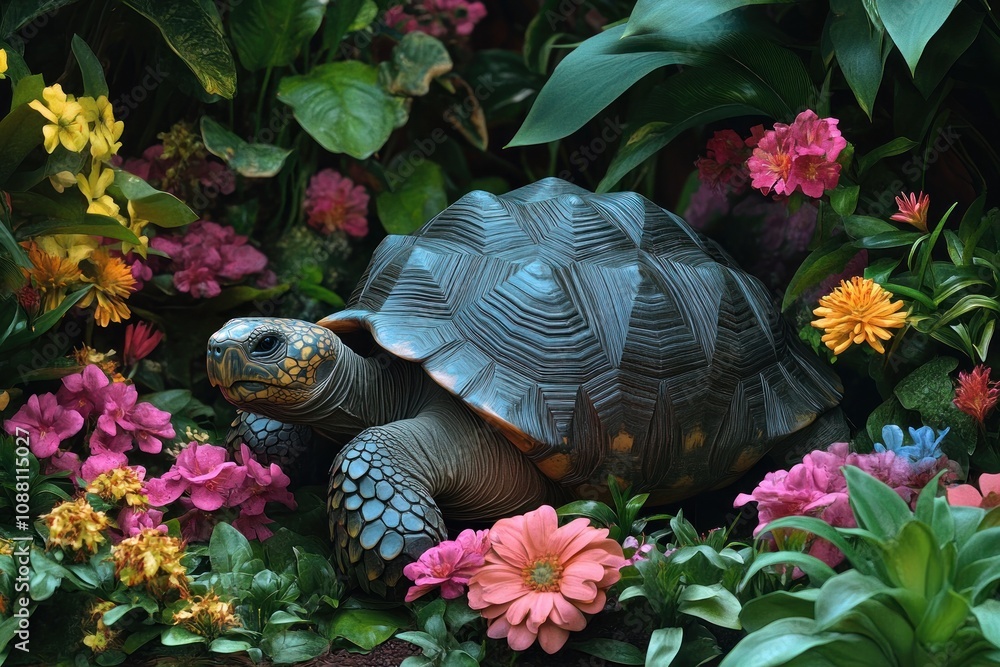 Poster a large tortoise with a brown shell and yellow markings is surrounded by colorful flowers in a lush 