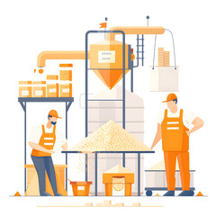 production workshop for the production of food flour, processing of grain into flour, modern production, industry with white shades, flat design, png