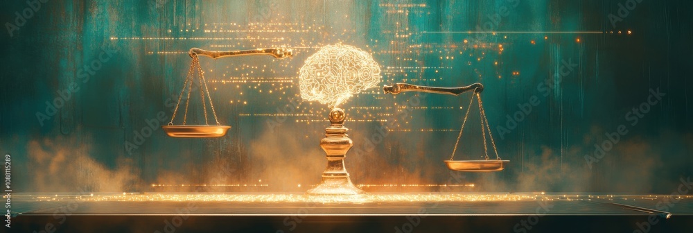 Leinwandbilder a glowing brain balances on a scale, representing justice and knowledge in a modern, digital environ