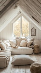 Cozy attic room with large window, comfy seating area, and natural light.