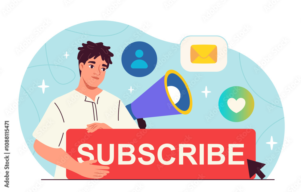 Poster man with subscribe button. guy near loudspeaker with subscribe sign. blogger offers to subscribe. ba