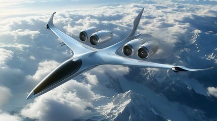 Fototapeta premium Futuristic aircraft above clouds.