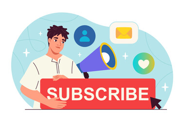 Man with subscribe button. Guy near loudspeaker with subscribe sign. Blogger offers to subscribe. Banner for social networks and video hosting. Flat vector illustration