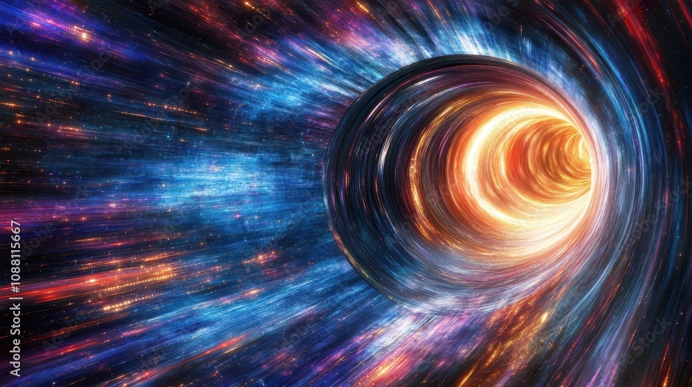 Poster a vibrant depiction of a cosmic tunnel, swirling colors and light create a sense of movement and dep