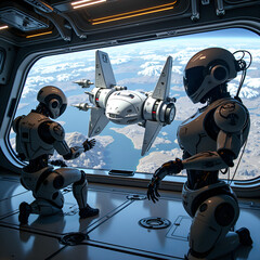 Fototapeta premium Two futuristic robots gazing at a spacecraft against a scenic cosmic backdrop, digital art of science fiction concept.