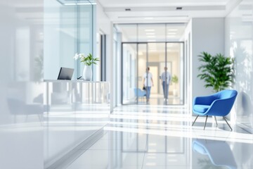 Fototapeta premium Modern Office Reception Area with Stylish Blue Chair and Natural Lighting