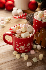 Hot chocolate. Traditional Christmas and winter drink, made with milk and cocoa and served with a marshmallow topping.