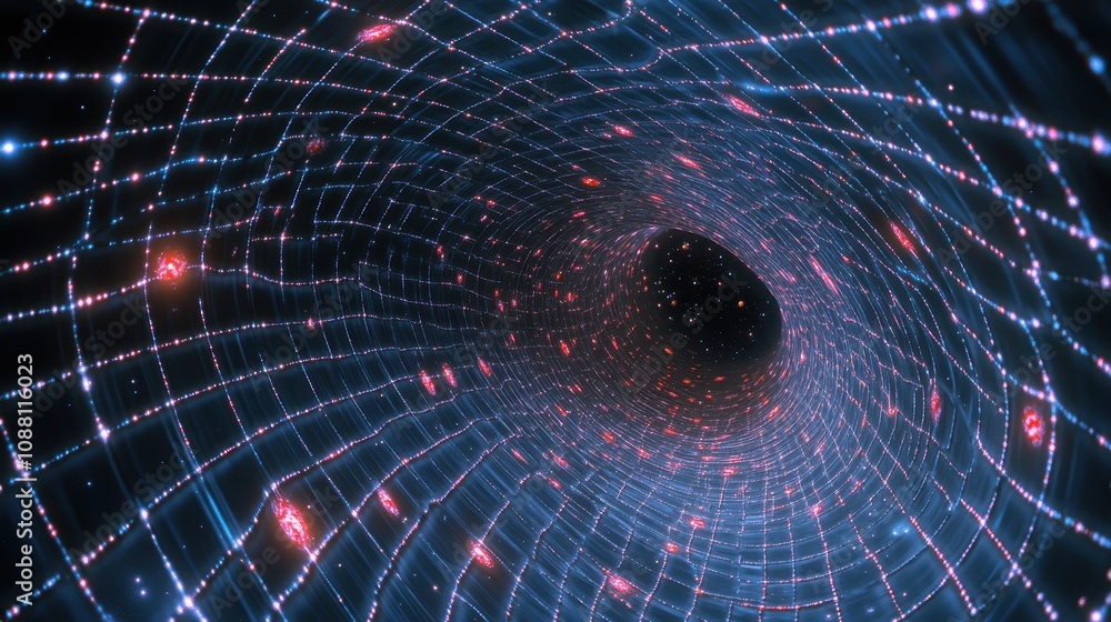 Poster a dynamic visualization of a cosmic tunnel, featuring glowing stars and a dark core, suggesting a jo