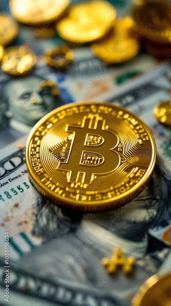Aufkleber gold bitcoin placed on a dollar bill with additional currency coins scattered around. generative ai