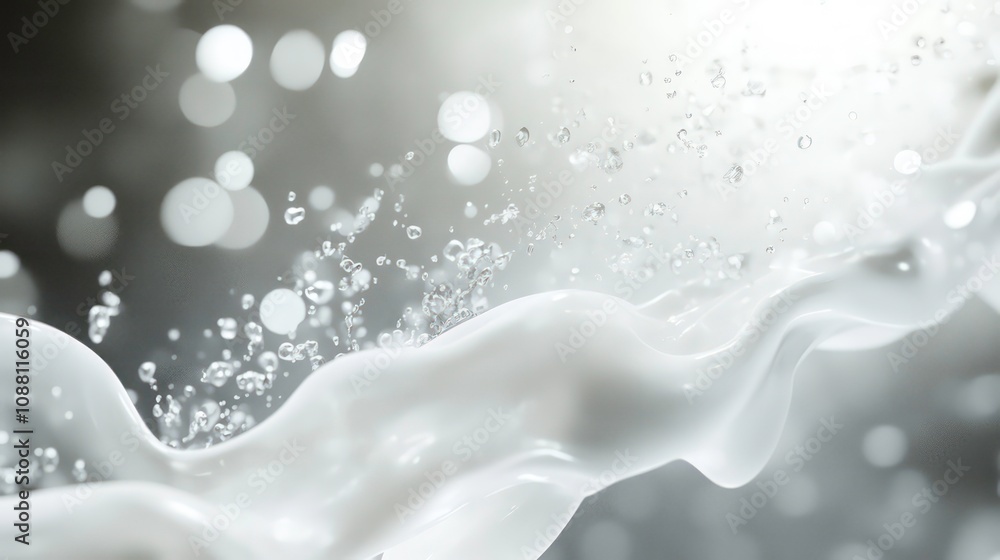 Poster abstract white liquid splash with bokeh background.