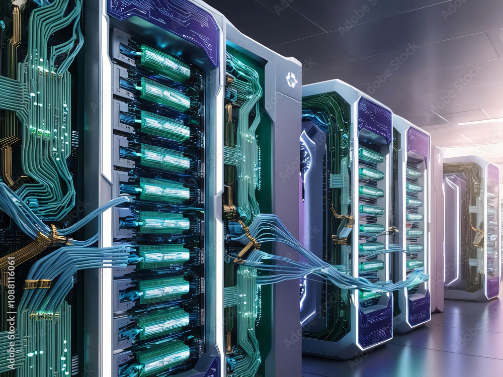 Poster a modern data center features multiple illuminated server racks with intricate wiring. the setup hig