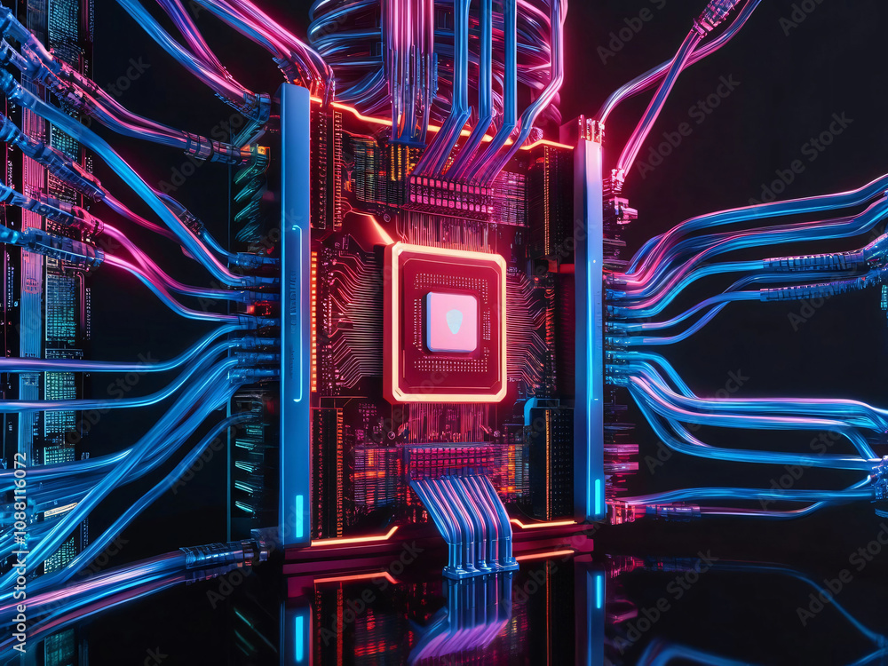 Poster a vibrant circuit board features a central processor surrounded by glowing wires in blue and pink hu