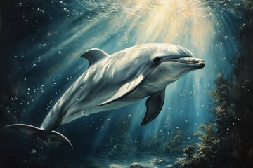A dolphin swims through the ocean with sunlight shining down.