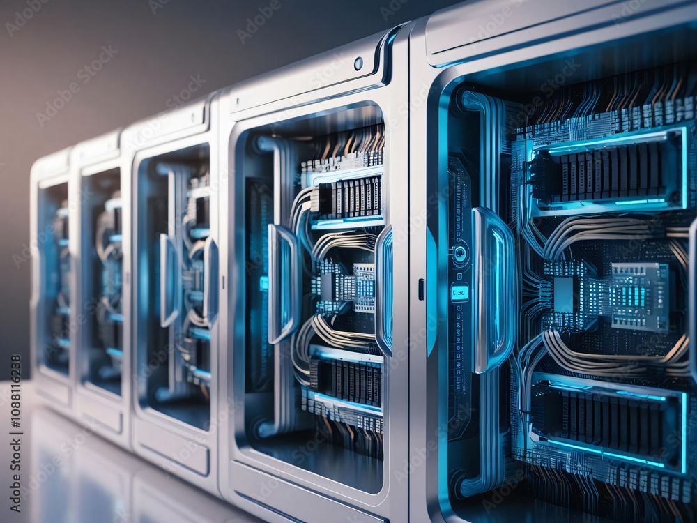 Poster a row of sleek server racks illuminated by blue lighting emphasizes the advanced technology inside. 