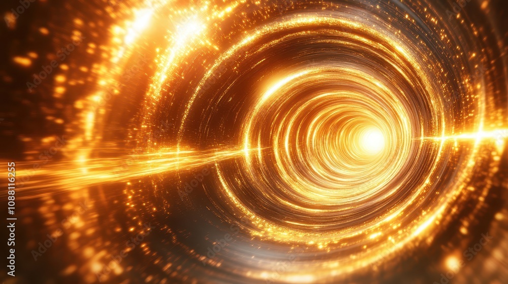 Poster a mesmerizing golden vortex swirls with light, creating a dynamic sense of movement and depth, evoki