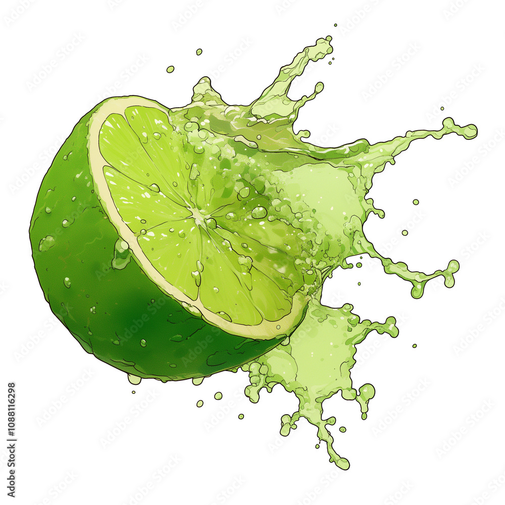 Aufkleber vibrant lime slice splashes juice against white background, capturing refreshing and dynamic moment.