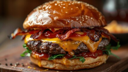 A juicy cheeseburger with bacon, lettuce, tomato, and ketchup on a toasted bun.