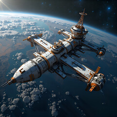 Obraz premium A futuristic space station orbiting a lush planet surrounded by wispy clouds and stars, digital art of science fiction concept.