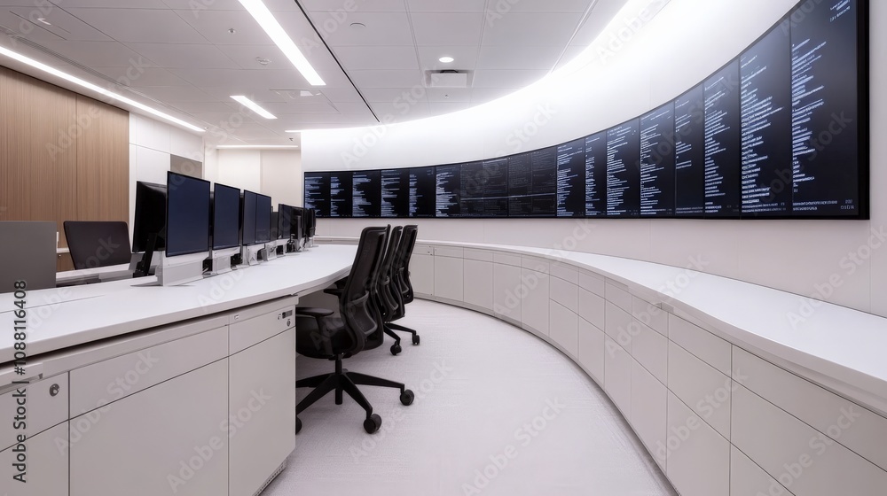 Poster modern office control center: sleek, curved design of a contemporary workspace with multiple compute
