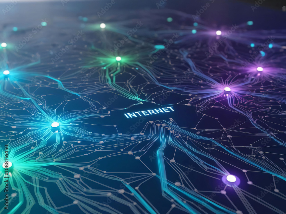 Poster a detailed visualization showcases interconnected nodes representing the global internet. bright pat