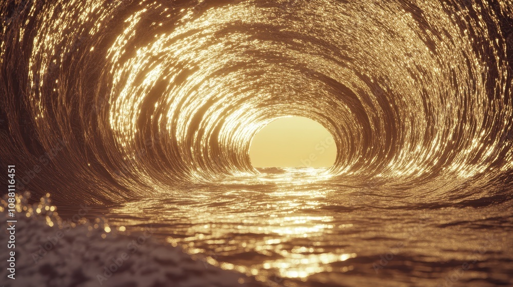 Poster a mesmerizing view of a golden ocean wave, capturing the sunlight streaming through, creating a tran