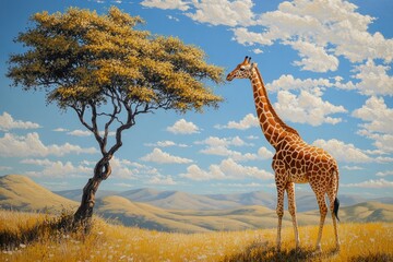 Fototapeta premium A giraffe stands tall in a field, reaching for leaves on a tree against a backdrop of rolling hills and a blue sky with fluffy clouds.