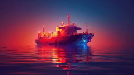 A large cargo ship sails on the water at sunset. The ship is depicted in a low-poly style, with a red and blue color scheme.