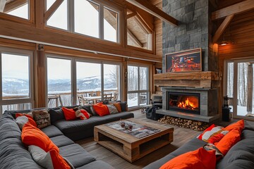 Cozy living room with fireplace, large windows showing snowy mountain view, sectional sofa, coffee...