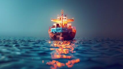Obraz premium A low-poly rendering of a cargo ship sailing on the ocean at night.