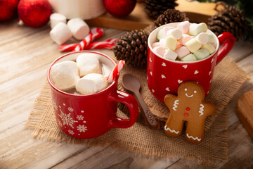 Hot chocolate. Traditional Christmas and winter drink, made with milk and cocoa and served with a marshmallow topping.