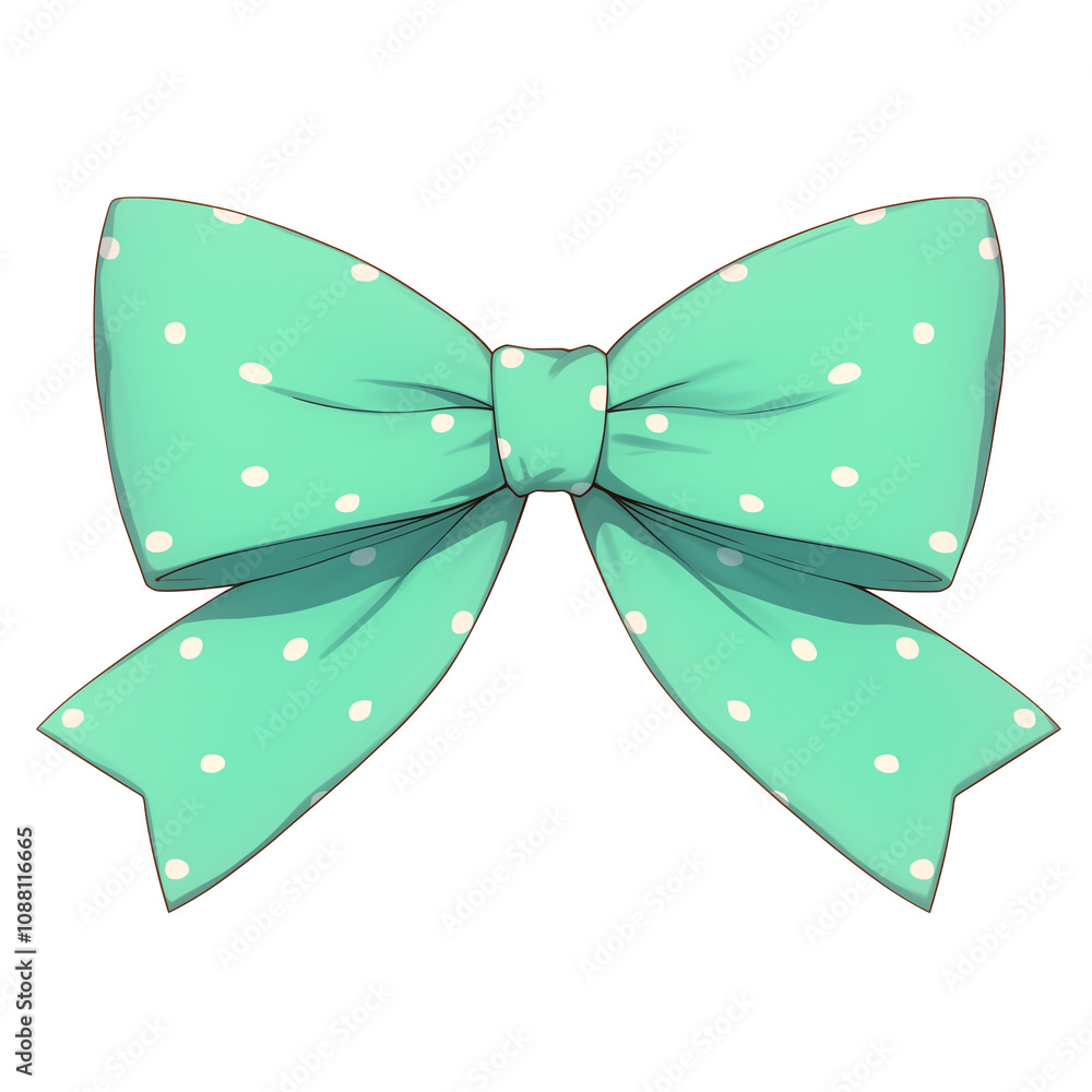 Poster mint green bow with white polka dots is isolated on white background, showcasing its playful and dec