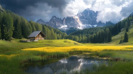 Fototapeta premium Serene Mountain Cabin by the Lake under a Dramatic Sky